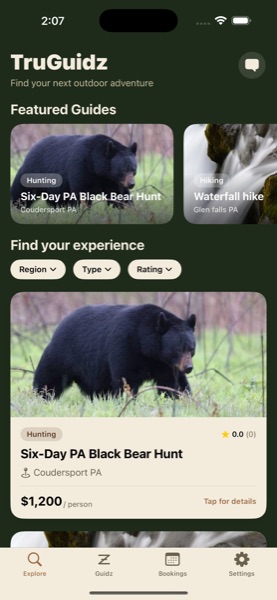 TruGuidz Explore screen showing outdoor trip listings